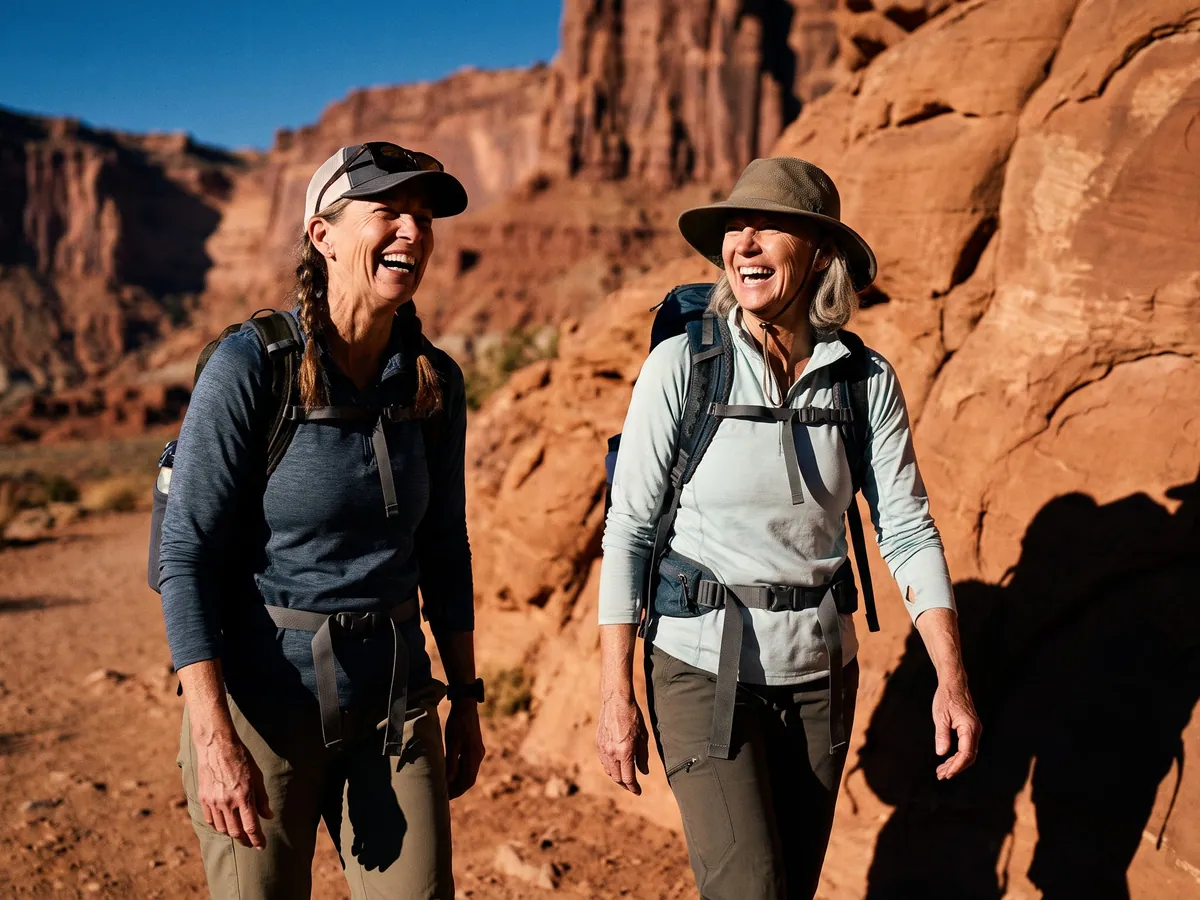 Two friends smiling on a desert hike