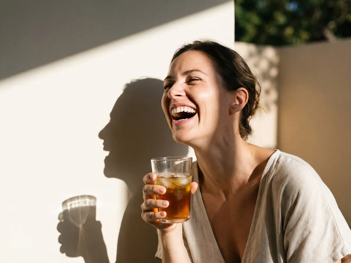 A woman laughing on a sunny patio