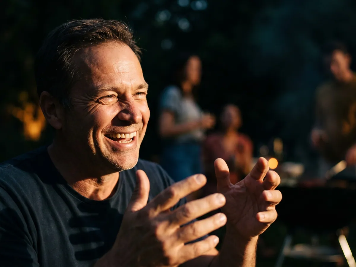 Friends laughing around a backyard barbecue