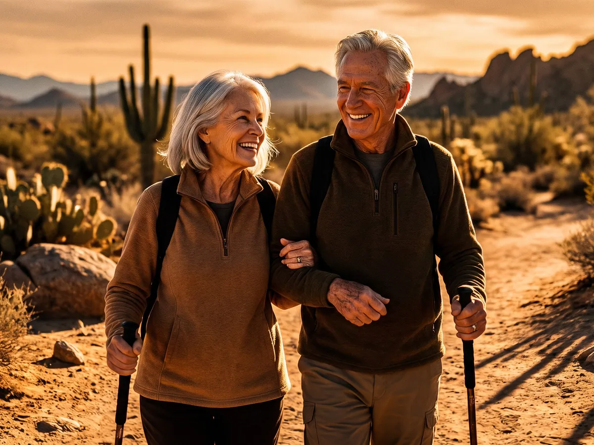 A silver-haired couple walking arm in arm at golden hour