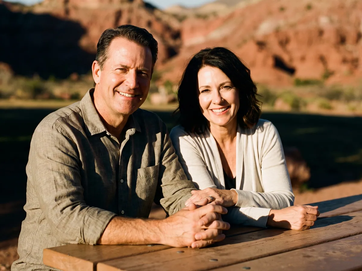 A man smiling at a picnic with his wife
