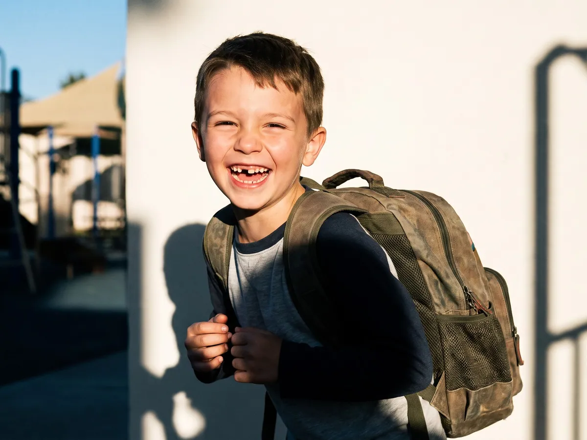Un niño con una sonrisa chimuela en el patio de la escuela