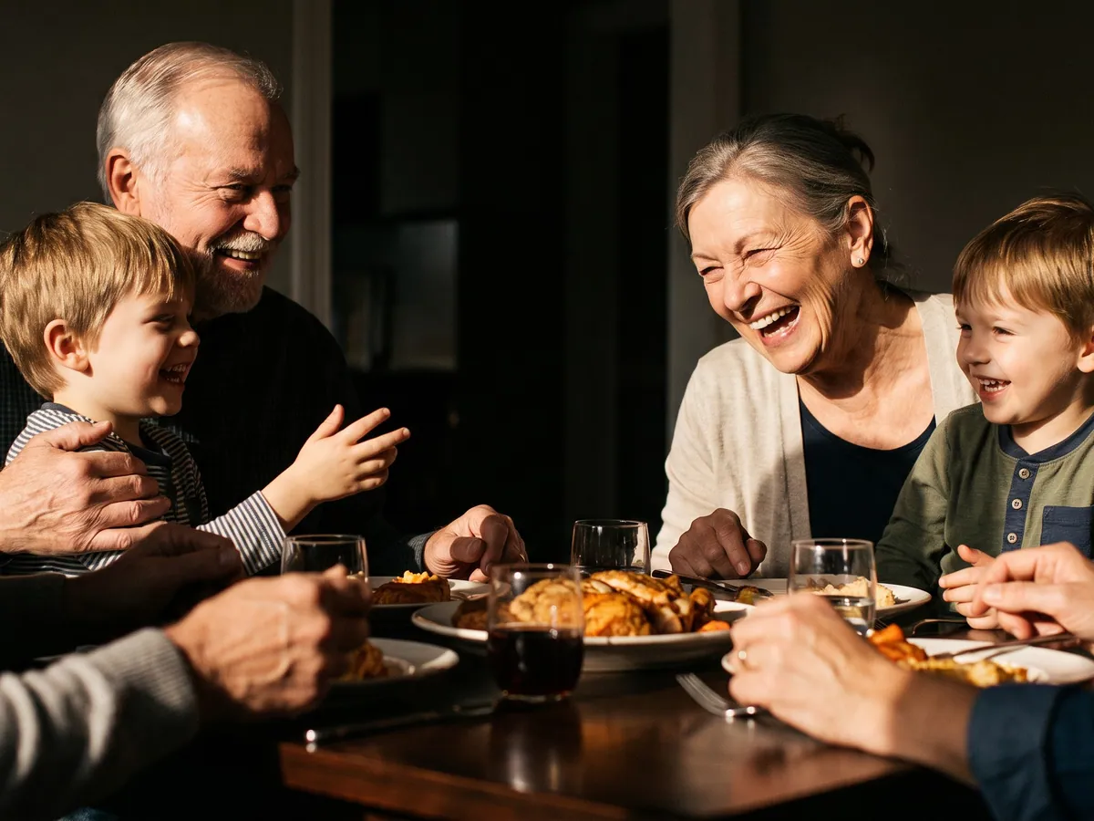 Grandparents laughing with grandchildren at the dinner table
