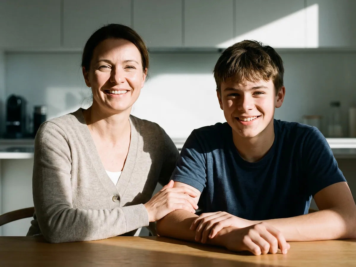 Una mamá aliviada y su hijo adolescente sonriendo en la mesa de la cocina