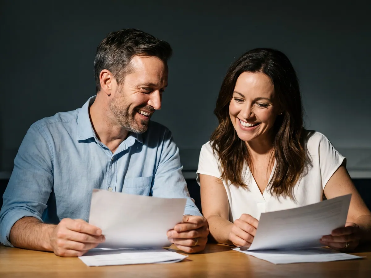 Una pareja sonriendo mientras revisa papeles en la mesa de la cocina