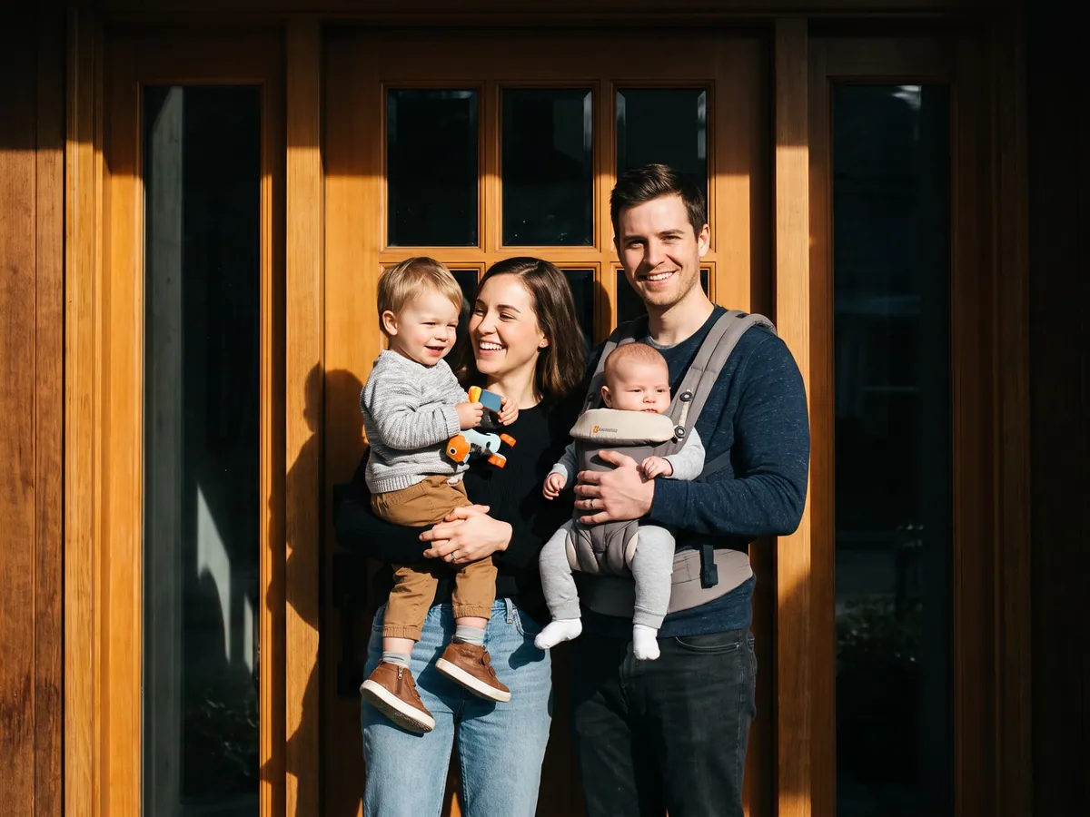Una familia joven sonriendo en la puerta de su casa