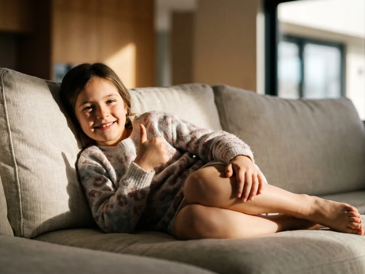 A relaxed girl giving a thumbs-up on the couch