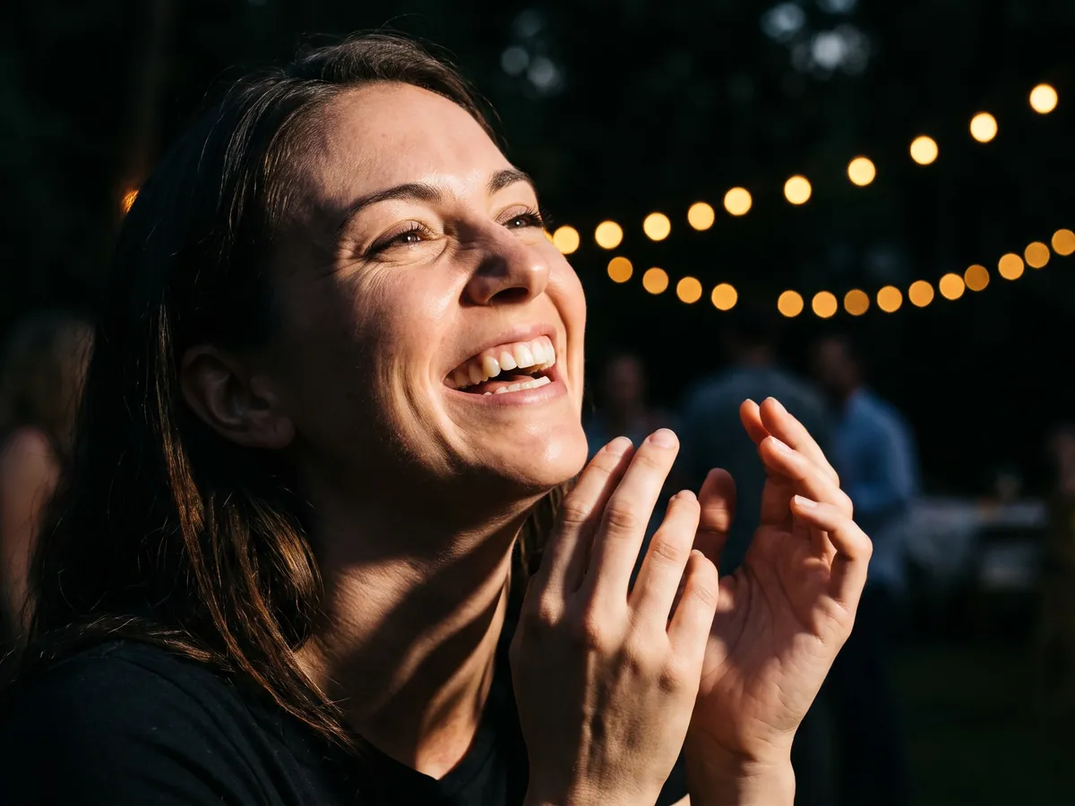Una mujer riendo en una fiesta al aire libre