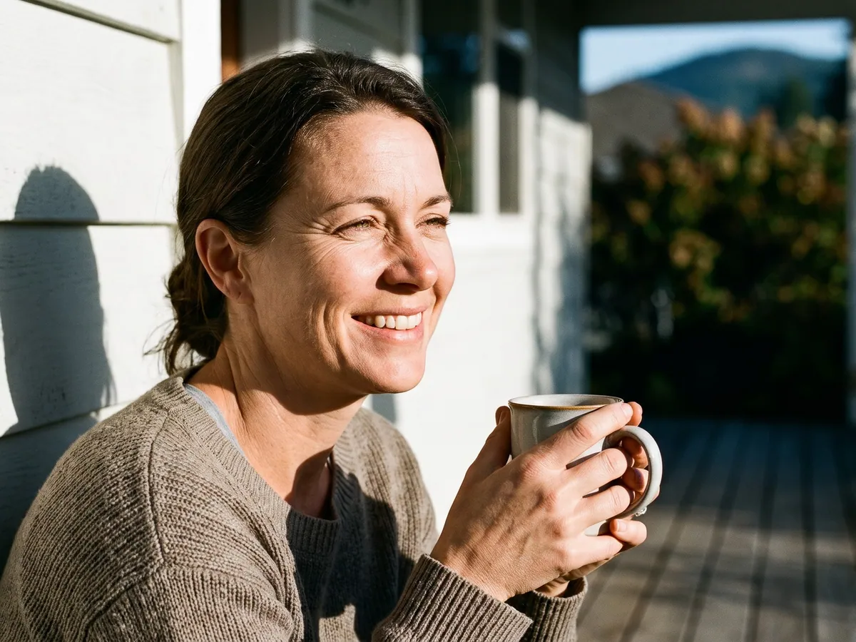 Una mujer sonriendo en su porche con un café de la mañana